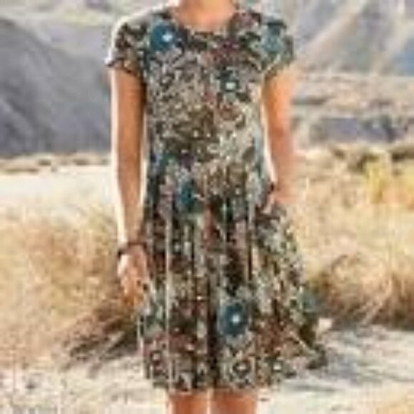 Peruvian Connection Wanderlust Dress XS Short Sleeve Knit Floral Pockets Boho - Picture 3 of 7